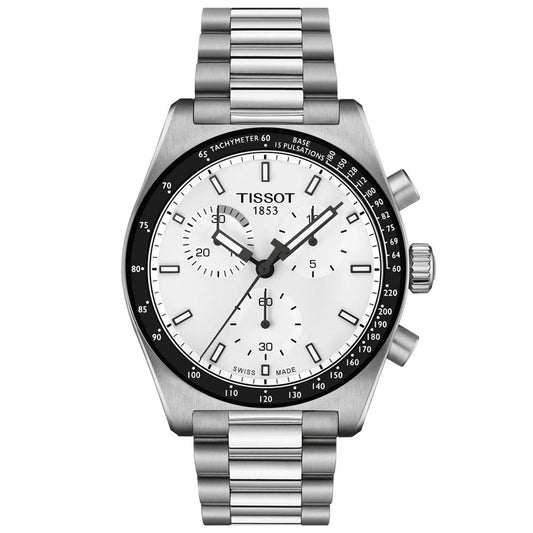 The Tissot PR516 Chronograph Quartz 40mm Watch features a stainless-steel case and bracelet, white dial with three subdials, silver hour markers, tachymeter bezel, and two pushers on the right side.