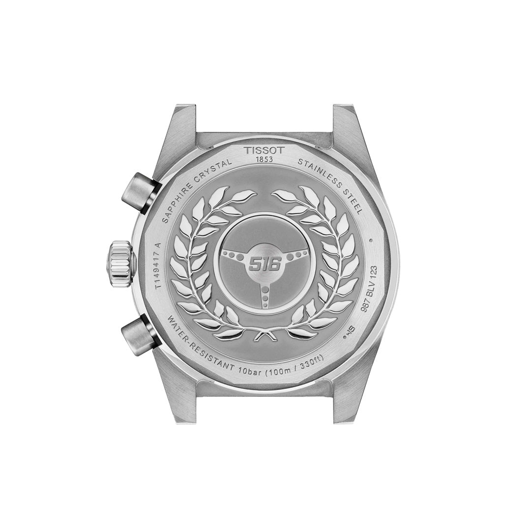 The back of the Tissot PR516 Chronograph Quartz 40mm features an engraved laurel wreath, airplane, “S16” logo, water resistance specs, sapphire crystal info, and the Tissot brand name on its stainless steel case.