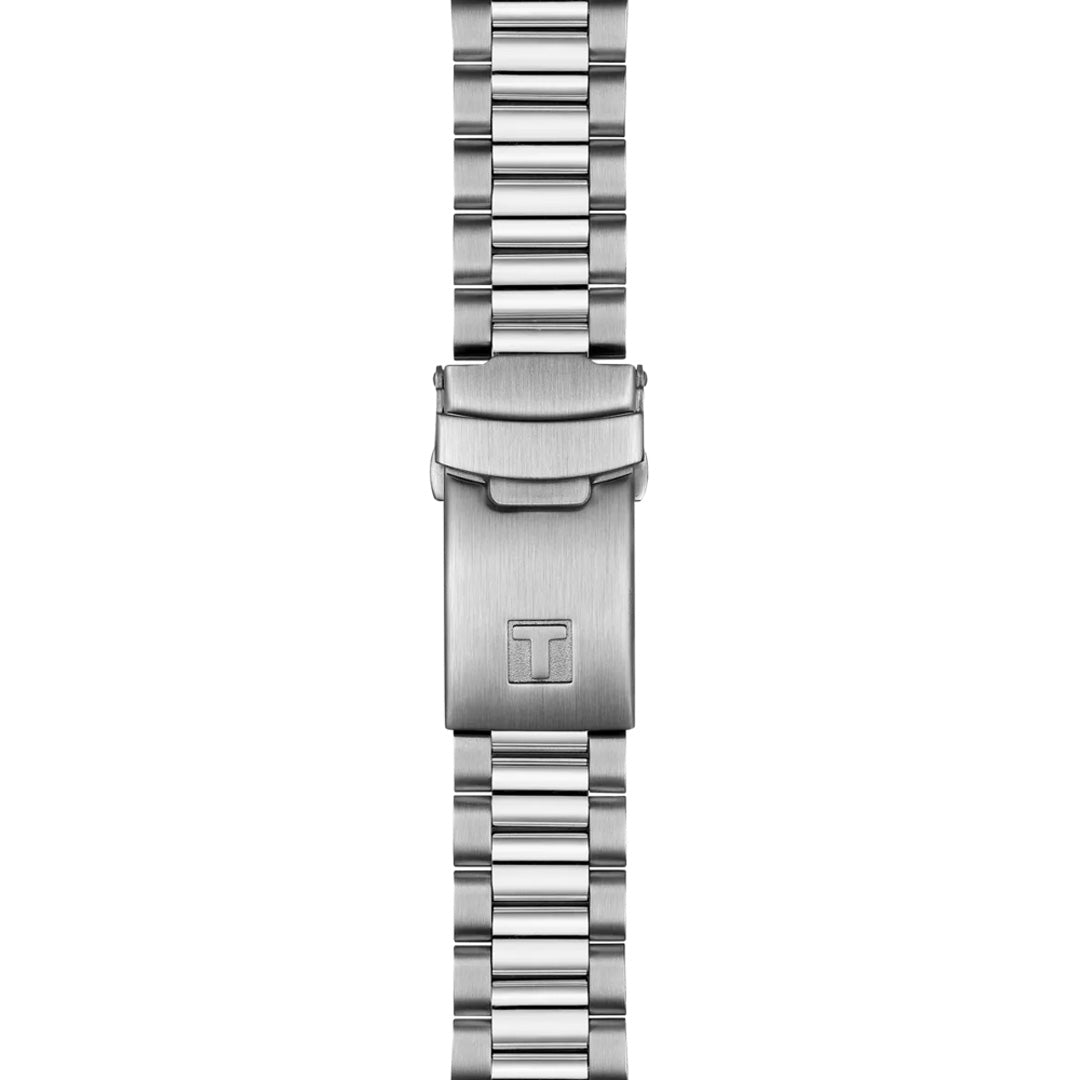 A stainless-steel bracelet with a brushed clasp stamped with Tissot’s "T" logo, featuring rectangular links, complements the sporty look of the Tissot PR516 Chronograph Quartz 40mm Watch.