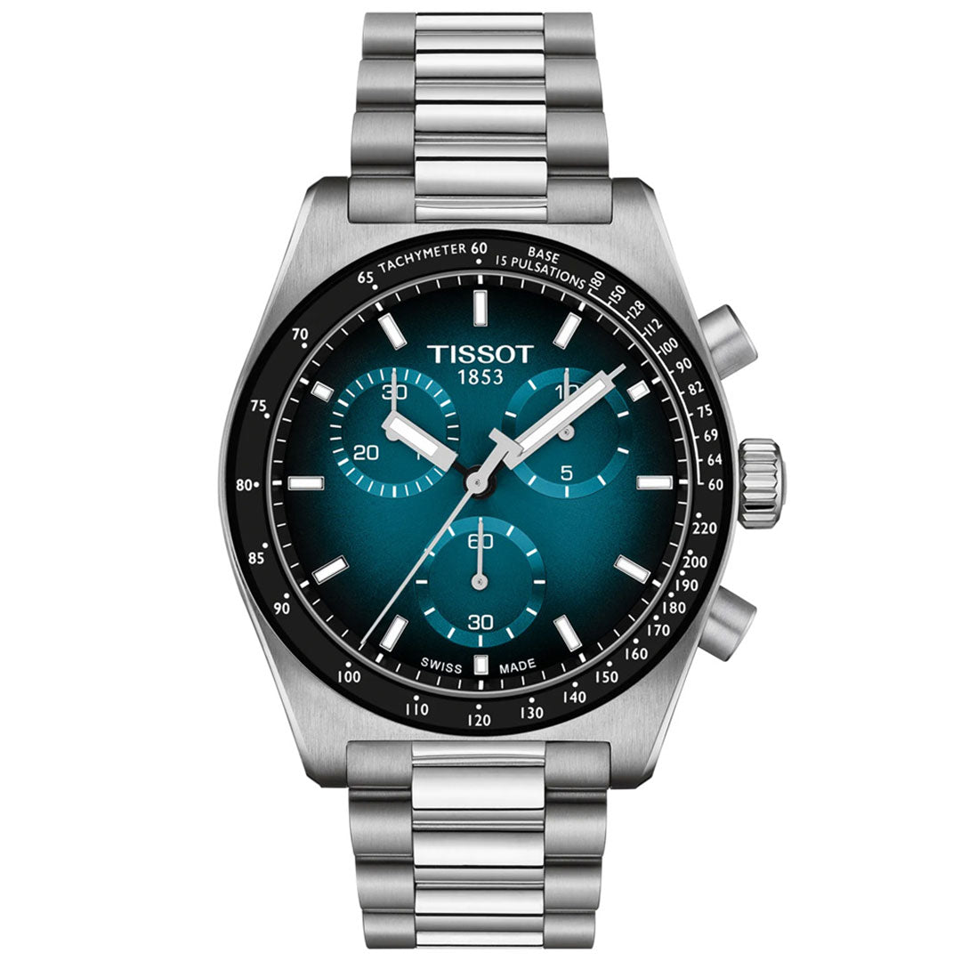 The Tissot PR516 Chronograph Quartz 40mm Watch features a stainless steel band, blue gradient dial with three subdials, white hour markers, and dual pushers, displaying the time as 1:51:53.
