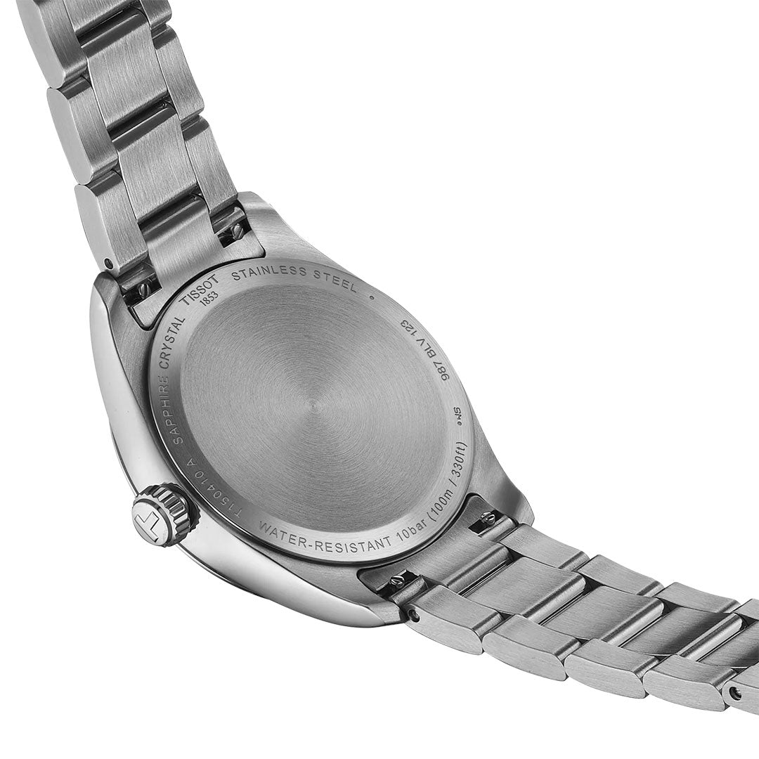 The Tissot PR100 Quartz 34mm Watch features a stainless steel case back with engraved specs like water resistance and crystal type, plus a metal link bracelet and Swiss Made quartz movement.