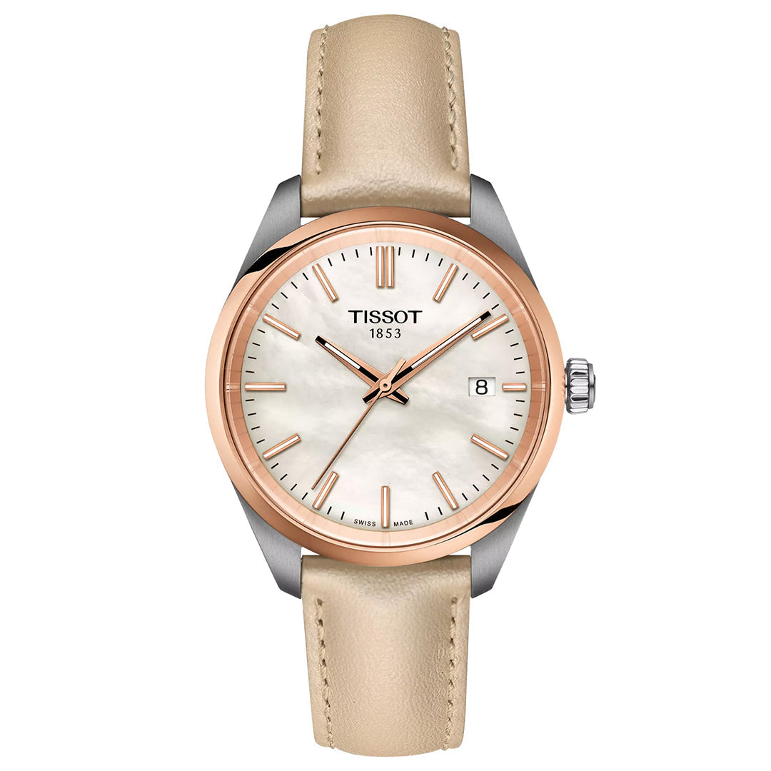 The Tissot PR100 Quartz 34mm Watch combines elegance and classic design with its beige leather strap and round gold-tone bezel. The white face features gold hour markers and hands, along with a date display at the 3 o'clock position. This timepiece is powered by Swiss Made quartz movement, representing the renowned craftsmanship of Tissot.