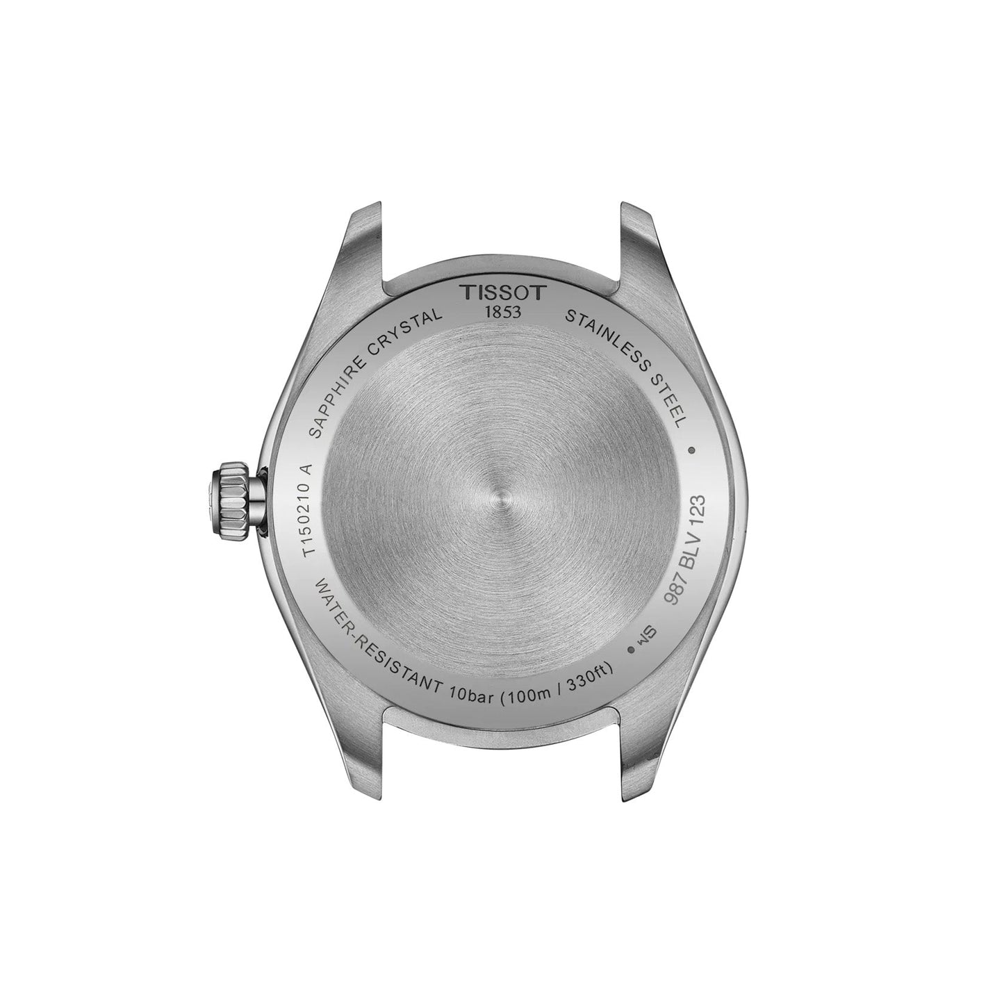 The image displays the reverse side of a Tissot PR100 Quartz 34mm watch case made from stainless steel. It includes engravings that read "Sapphire Crystal," "Water Resistant 10 bar (100m/330ft)," and "1853." The gray case-back features a brushed metal finish, highlighting the precision of its Swiss Made quartz movement.