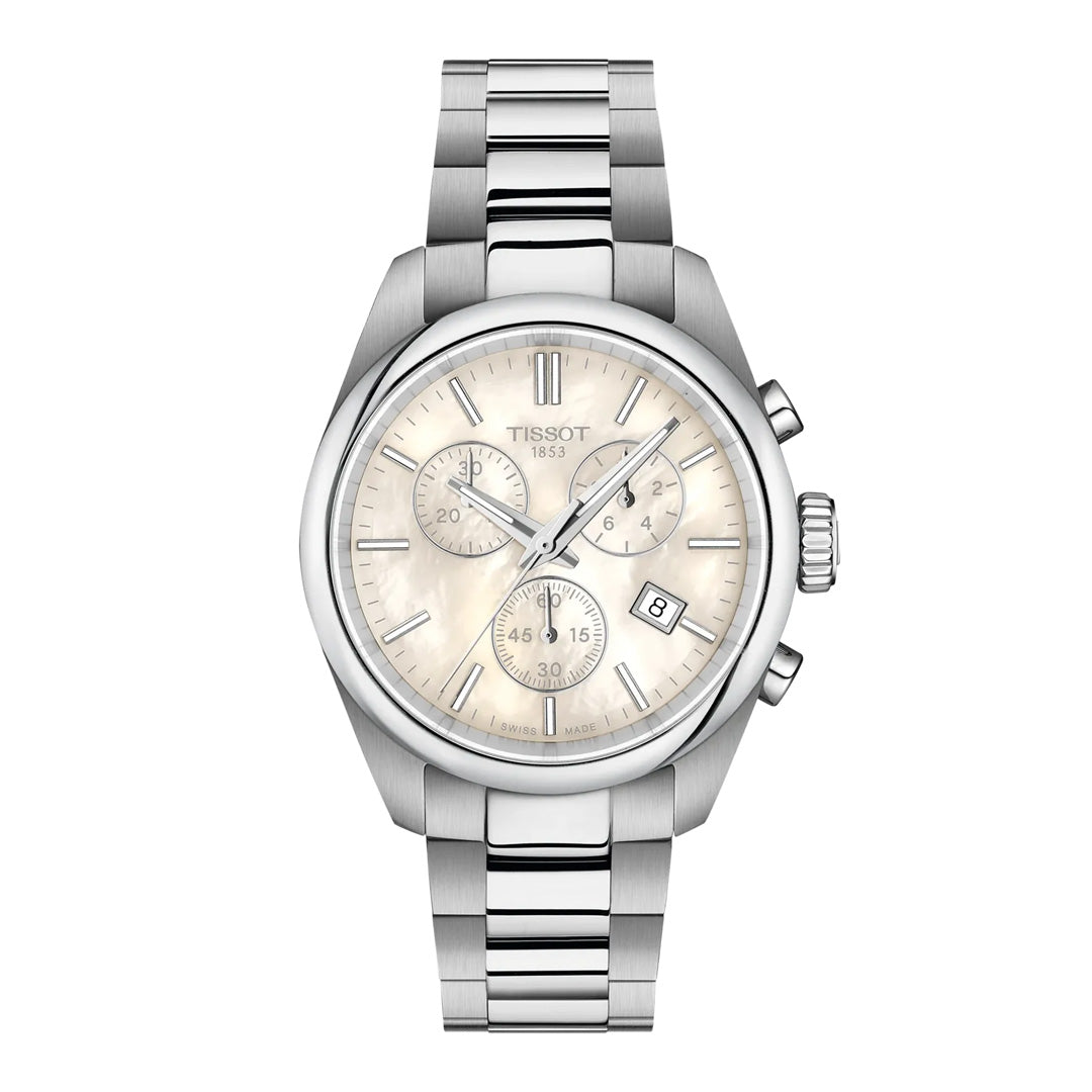 The Tissot PR100 Chronograph Quartz 36mm Watch by Tissot features a sleek silver metal band, a cream dial with three subdials and a date window, silver hour markers, and convenient push buttons on the right side—an elegant timepiece offering precise quartz chronograph movement for reliable performance every day.