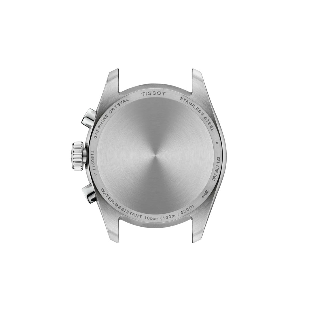 The back of a Tissot PR100 Chronograph Quartz 36mm Watch case, crafted from stainless steel, displays engraved details about water resistance, sapphire crystal, model, and serial numbers—a testament to Tissot's renowned craftsmanship. The watch face and interchangeable strap are not visible.