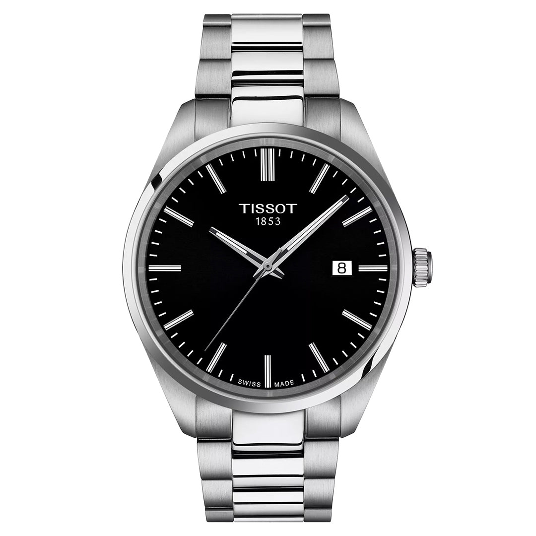 The Tissot PR100 Quartz 40mm Watch features a stylish stainless steel band and a black dial with scratch-resistant sapphire crystal. It includes silver hour markers, hands, and a date window at the 3 o'clock position, with the brand name "Tissot" and "1853" elegantly inscribed on the dial.