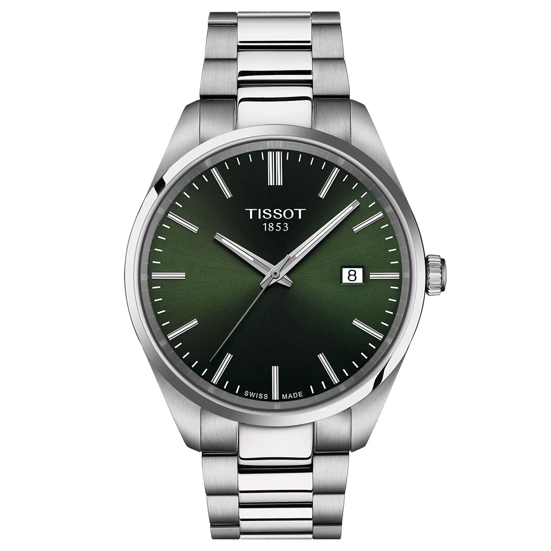 Introducing the Tissot PR100 Quartz 40mm Watch, featuring a striking green dial complemented by a silver stainless steel band. This elegant timepiece showcases sleek silver hour markers and hands, along with a date display conveniently located at the 3 o'clock position. Emblazoned with "Tissot 1853," it exemplifies the precise craftsmanship of Swiss Made quartz movement.