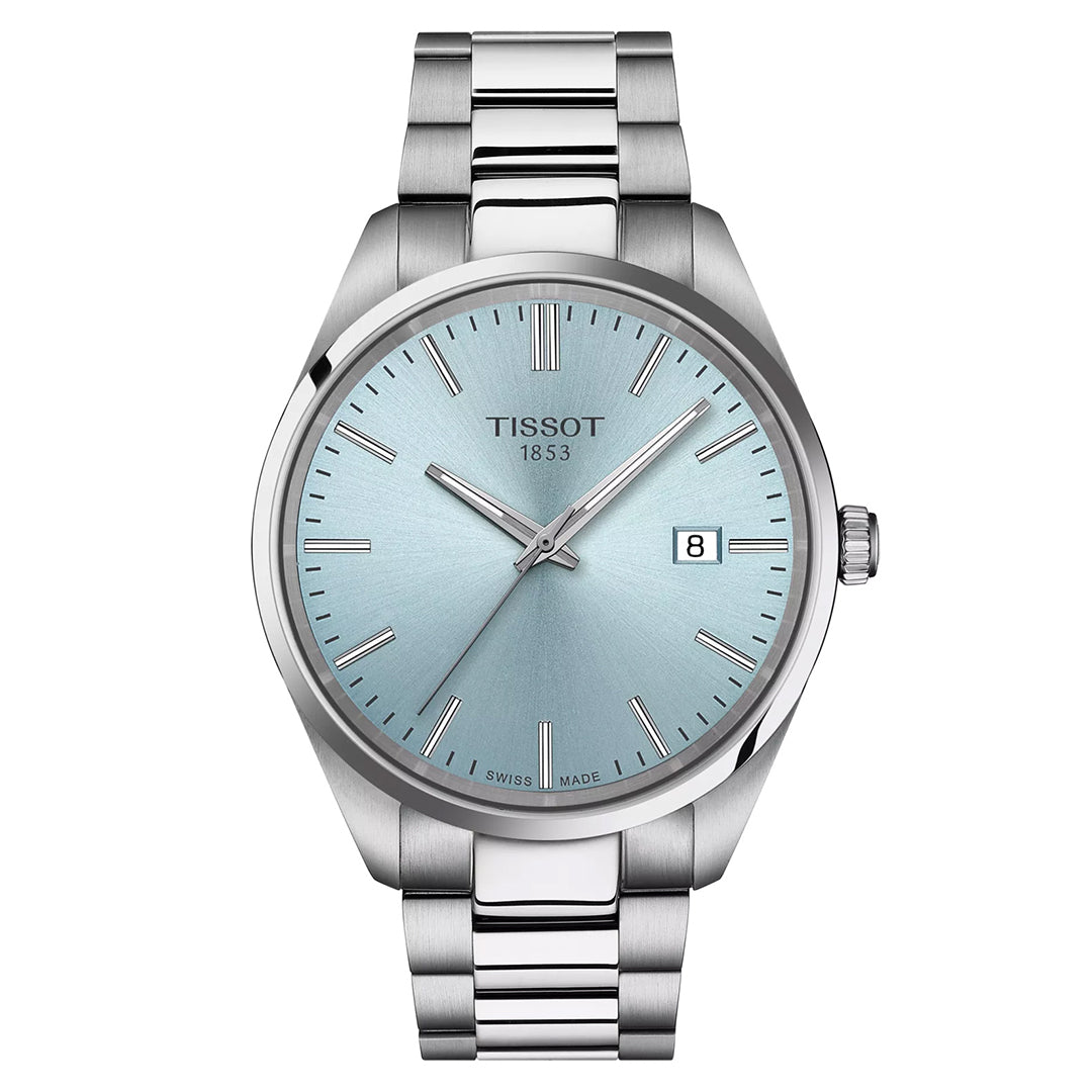 The Tissot PR100 Quartz 40mm Watch features a stainless steel bracelet paired with a light blue dial. It showcases minimalist hour markers, silver hands, and Swiss Made quartz movement. Additionally, it includes a date window at the 3 o'clock position, combining style with precision.