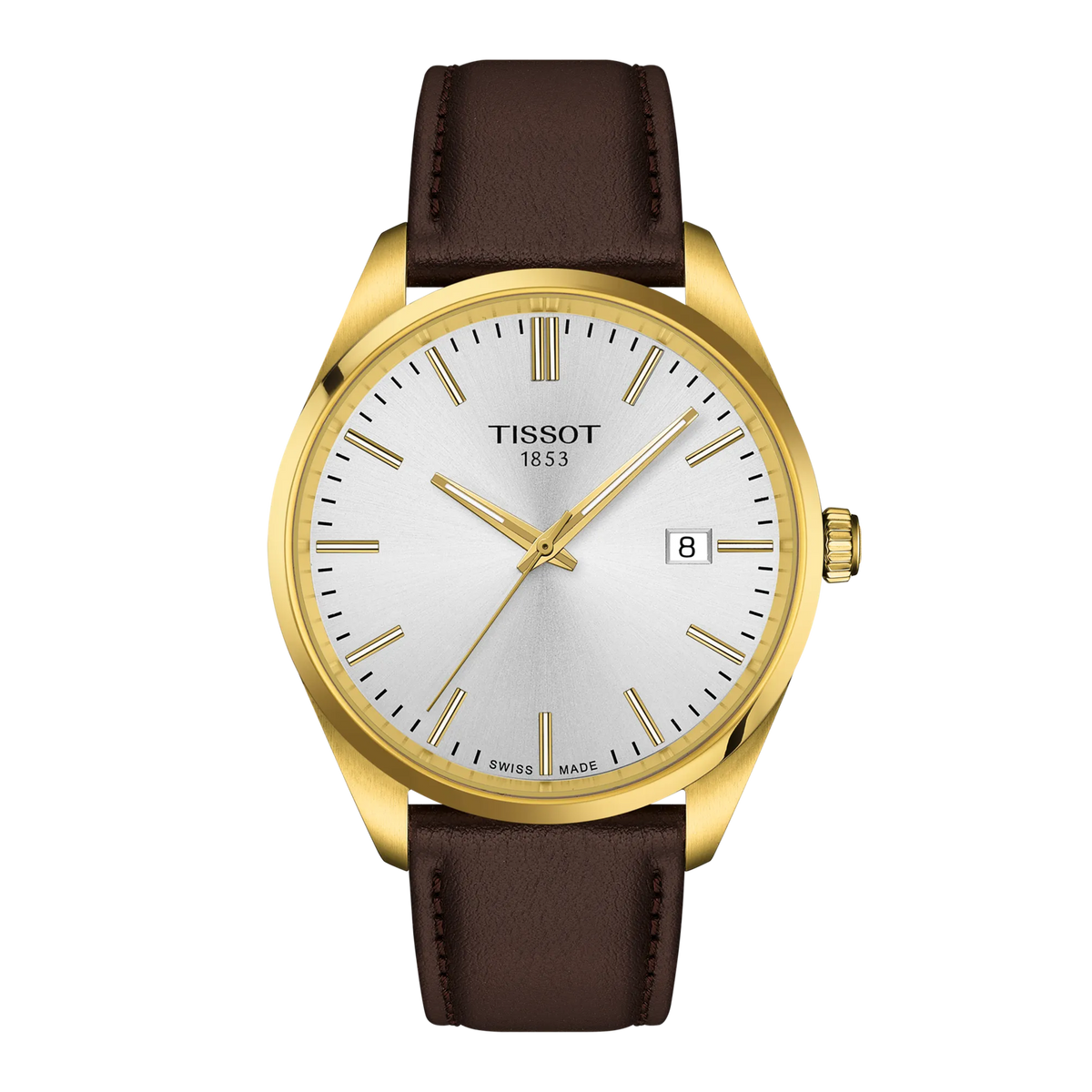 Gold-tone Tissot PR100 Quartz 40mm Watch with a silver dial, brown leather strap, and a date display at the three o’clock position.