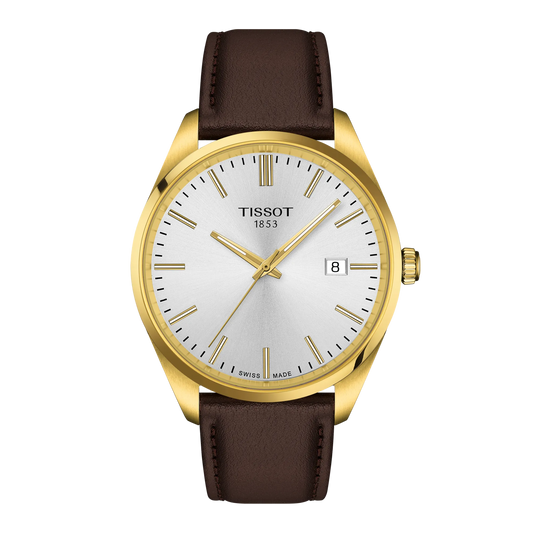 Gold-tone Tissot PR100 Quartz 40mm Watch with a silver dial, brown leather strap, and a date display at the three o’clock position.