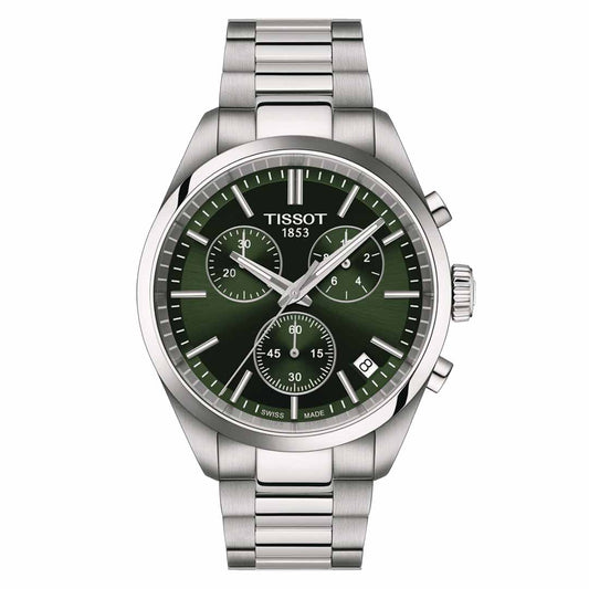 The Tissot PR100 Chronograph Quartz 40mm Watch is a sporty, silver timepiece with a green dial that showcases three sub-dials, white hour markers, and a date display. It features a stainless steel bracelet and Super-LumiNova® coating on the markers, with the Tissot logo prominently placed above the center.