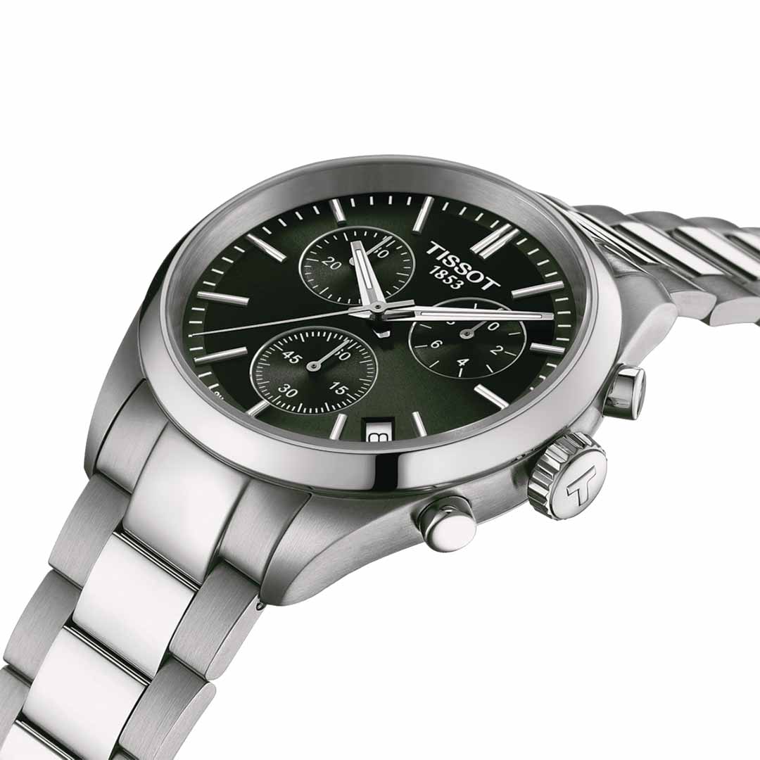 Experience the Tissot PR100 Chronograph Quartz 40mm Watch, a sporty timepiece crafted from stainless steel. This elegant watch presents a black dial with three subdials and silver hour markers, set off by a polished metal bracelet. It features prominent side buttons and is enhanced with Super-LumiNova® coating for improved visibility.