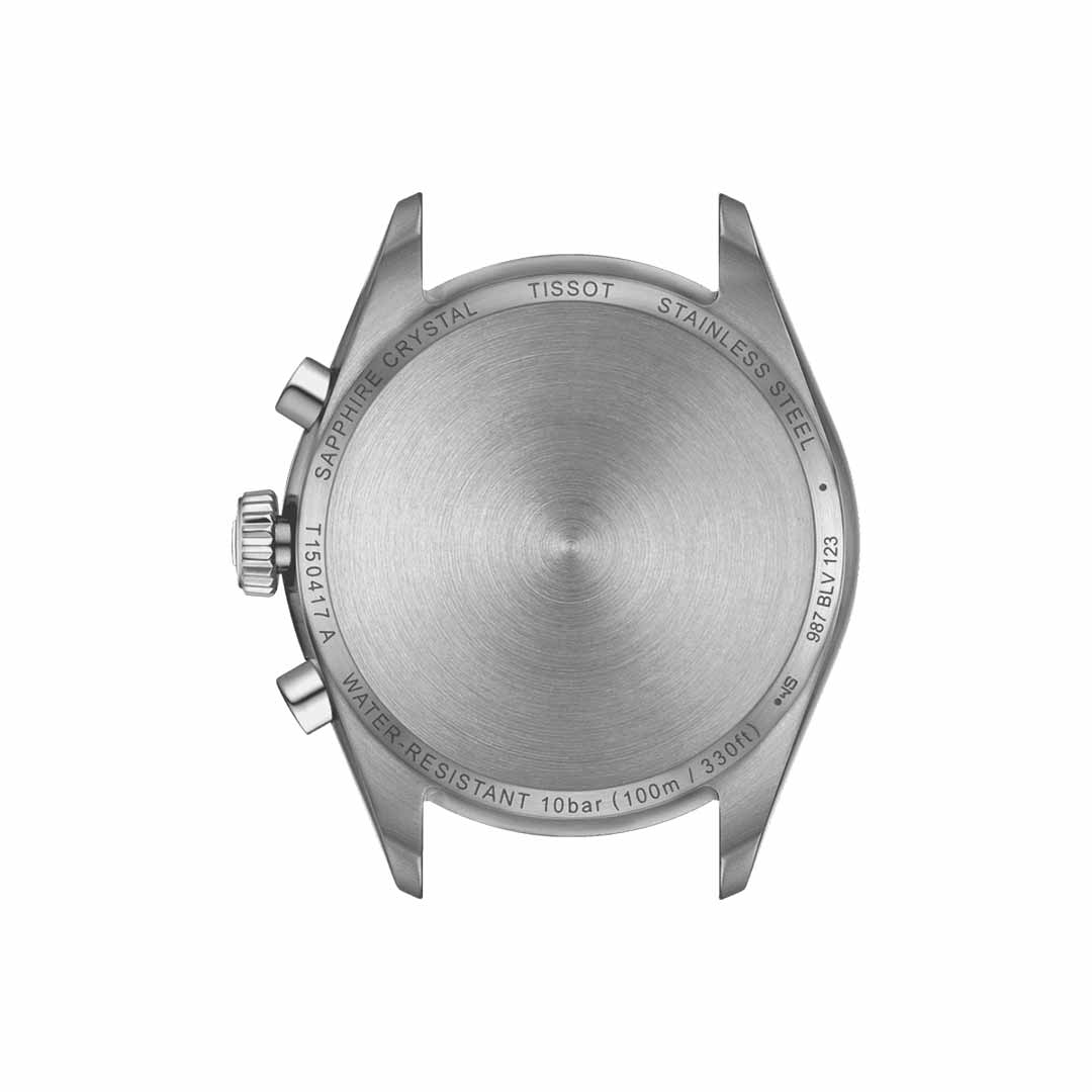 Back view of the Tissot PR 100 Chronograph Quartz 40mm Watch case, engraved with "Sapphire Crystal," "Stainless Steel," "Water-Resistant 10 bar (100m/330ft)," and serial numbers—hallmarks of Tissot's precision.