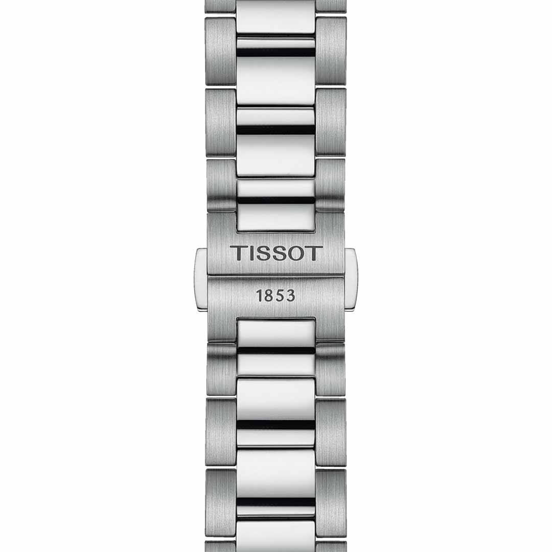 Close-up of the Tissot PR 100 Chronograph Quartz 40mm Watch's silver band, engraved with "TISSOT" and "1853." Its brushed and polished links add a sporty touch to this signature quartz chronograph by Tissot.