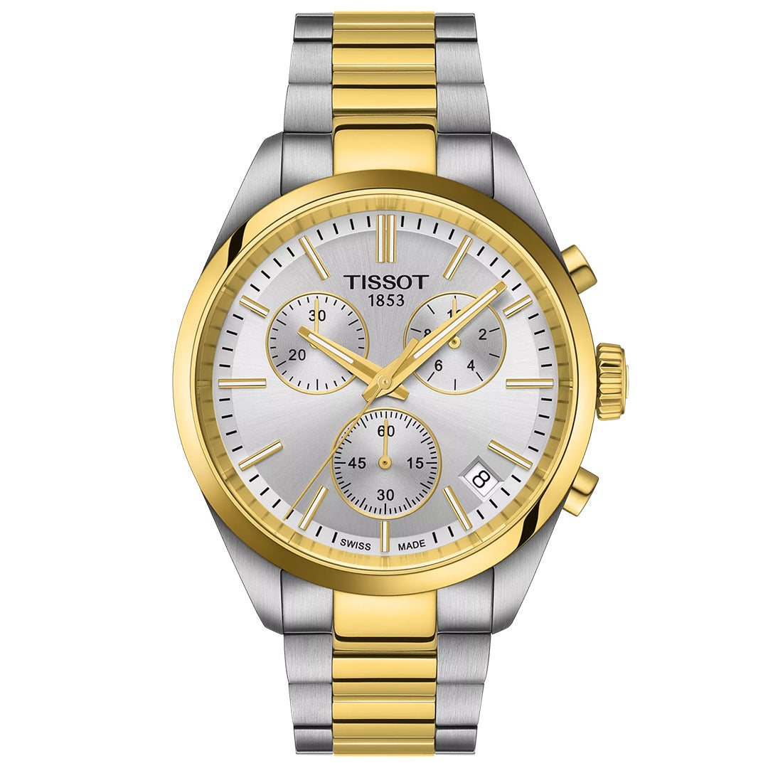 The Tissot PR 100 Chronograph Quartz 40mm Watch features a silver and gold-tone metal band, a gold bezel, silver dial, three subdials, gold hour markers/hands, date at 4 o’clock, and “TISSOT 1853” on the face.