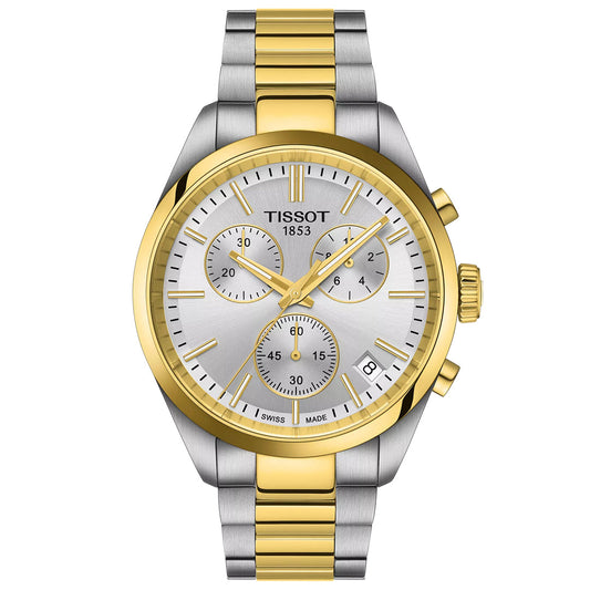 The Tissot PR 100 Chronograph Quartz 40mm Watch features a silver and gold-tone metal band, a gold bezel, silver dial, three subdials, gold hour markers/hands, date at 4 o’clock, and “TISSOT 1853” on the face.