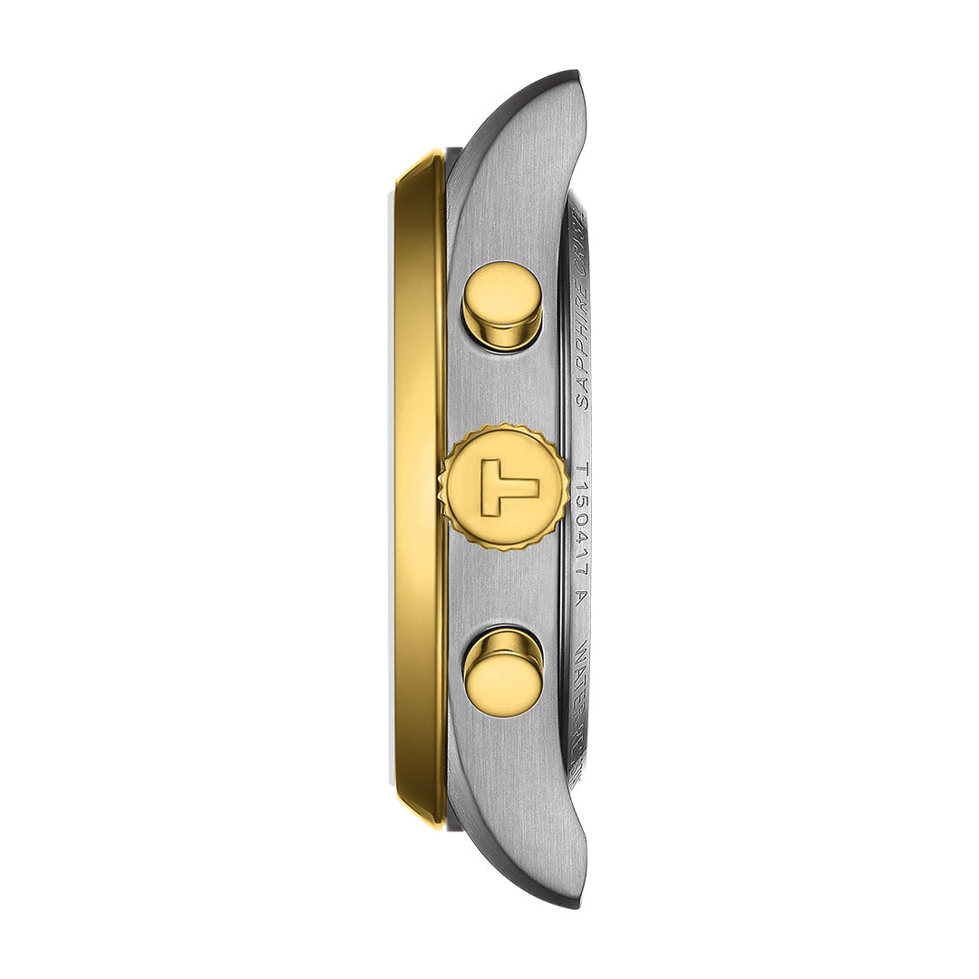 Side view of the Tissot PR 100 Chronograph Quartz 40mm Watch case, featuring a silver body, gold crown and pushers with the "T" logo; brushed metal finish and engraved text showcase Tissot's water-resistant reliability.