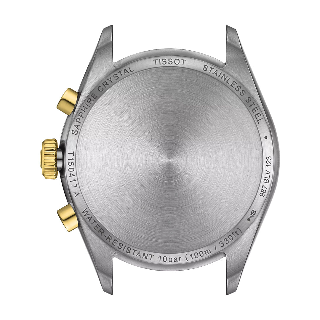 Back view of the Tissot PR 100 Chronograph Quartz 40mm Watch, featuring a stainless steel case with engraved details: water resistance (10 bar/100m/330ft), sapphire crystal, and gold-tone crown and pushers.
