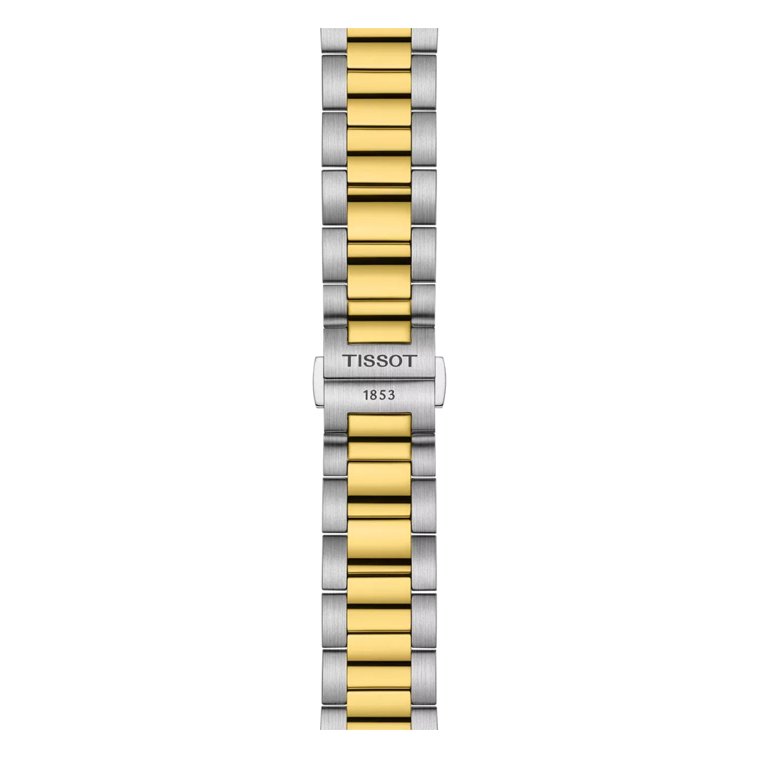 The Tissot PR 100 Chronograph Quartz 40mm features a two-tone metal band with alternating gold and silver links, "TISSOT 1853" engraved on the clasp, and is shown vertically on a white background.