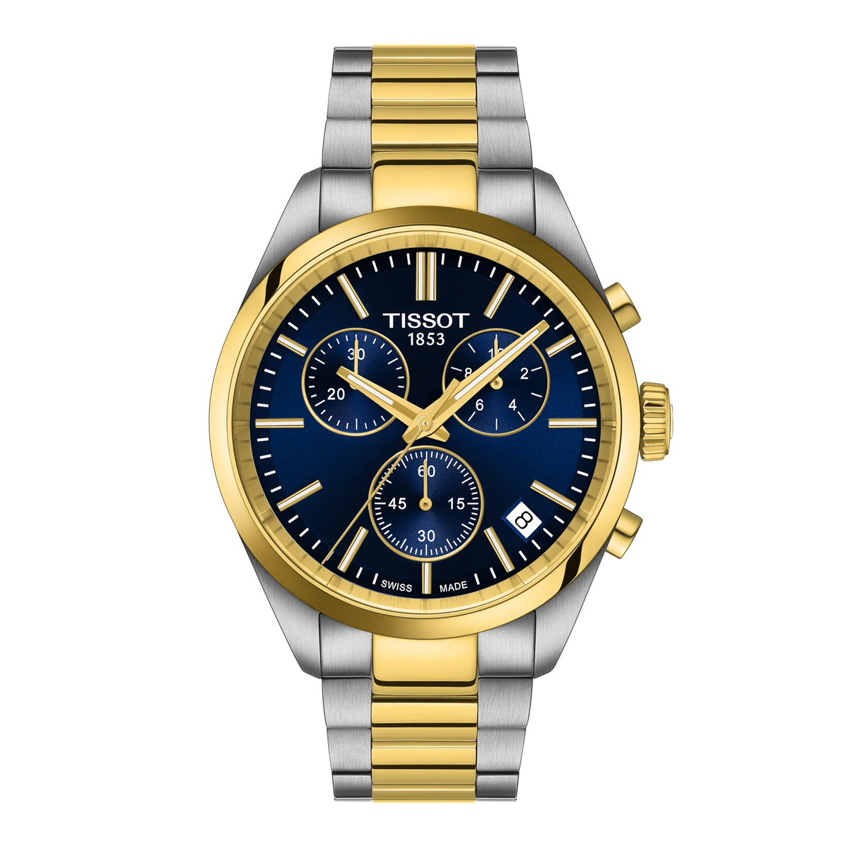 Tissot PR100 Chronograph Quartz 40mm Watch with a blue dial, gold-tone bezel and hands, and a two-tone silver and gold link bracelet.