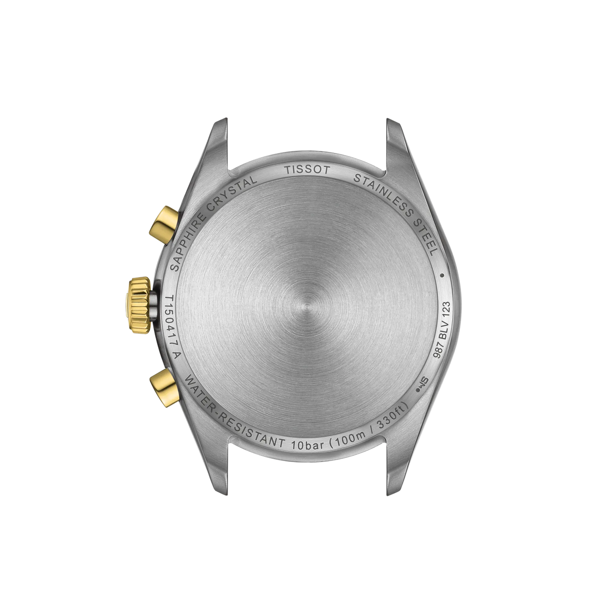 The brushed stainless steel case back of a Tissot PR100 Chronograph Quartz 40mm Watch, featuring gold-tone pushers and a crown on the left side, with engraved product specifications and water-resistance details.
