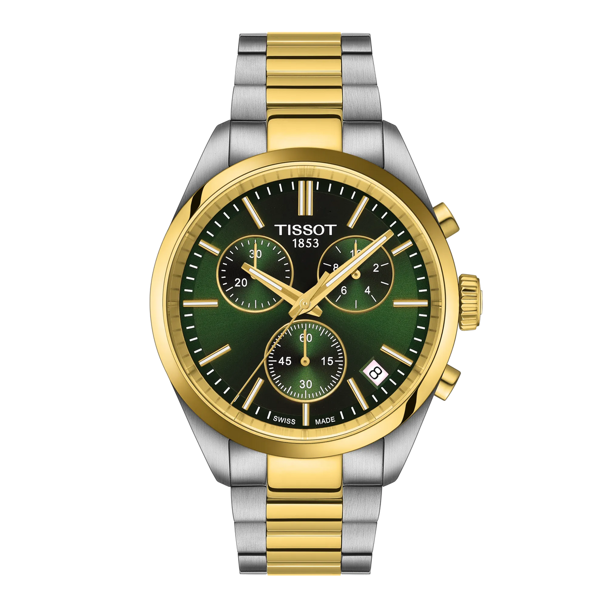 Tissot PR100 Chronograph Quartz 40mm Watch in stainless steel featuring a green dial, gold-tone bezel and hands, and a two-tone silver and gold link bracelet.