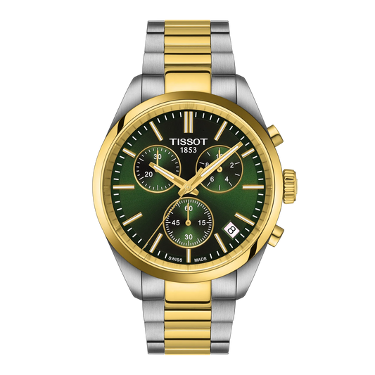 Tissot PR100 Chronograph Quartz 40mm Watch in stainless steel featuring a green dial, gold-tone bezel and hands, and a two-tone silver and gold link bracelet.