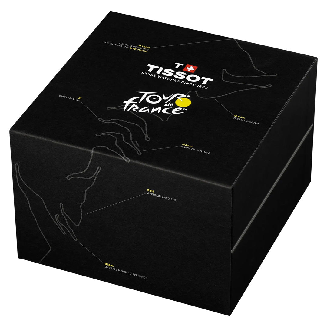 Featuring a striking black presentation box for the Tissot PR100 Chronograph Tour de France 2026 Quartz 40mm Watch, this packaging showcases minimalist white hand outlines, bold yellow text labels, and both the Tissot and Tour de France logos prominently on the lid.
