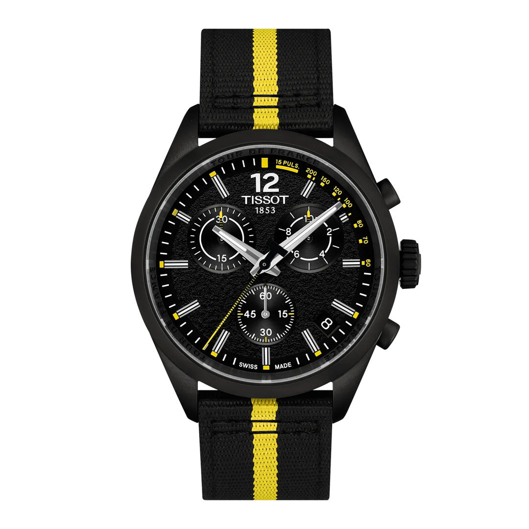 Introducing the Tissot PR100 Chronograph Tour De France 2026 Quartz 40mm Watch—a striking black wristwatch from Tissot, featuring a textured black dial accented with chronograph subdials, a bold yellow second hand, and a distinctive black and yellow striped fabric strap inspired by the spirit of cycling’s legendary Tour de France.