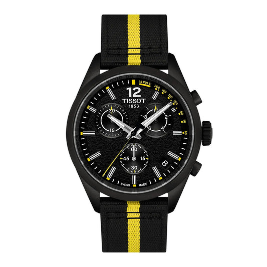 Introducing the Tissot PR100 Chronograph Tour De France 2026 Quartz 40mm Watch—a striking black wristwatch from Tissot, featuring a textured black dial accented with chronograph subdials, a bold yellow second hand, and a distinctive black and yellow striped fabric strap inspired by the spirit of cycling’s legendary Tour de France.