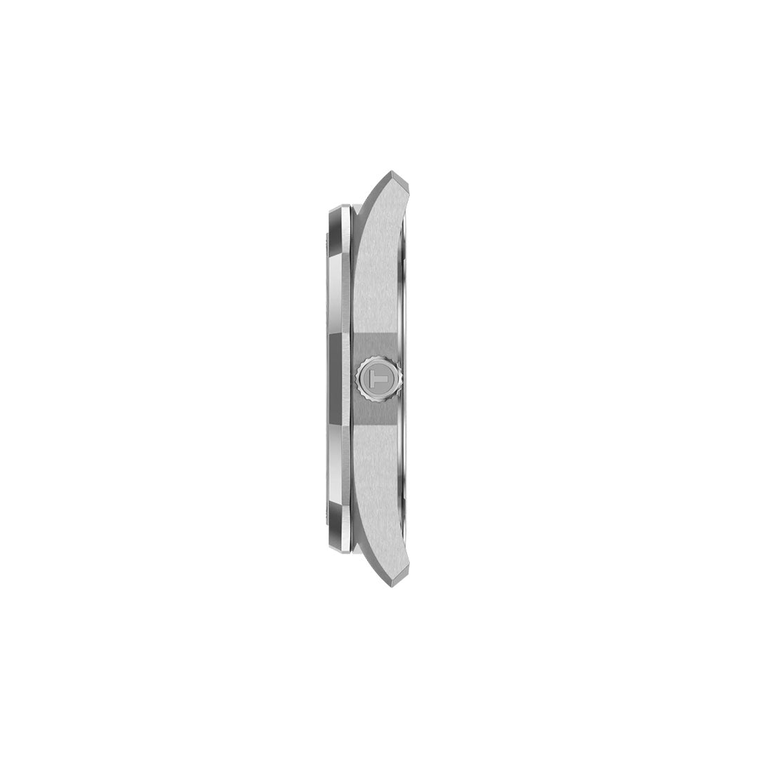 Side view of the sleek, silver Tissot PRC 100 Solar Quartz 39mm Watch case with a round crown and flat bezel, highlighting the elegant Tissot design against a plain white background.
