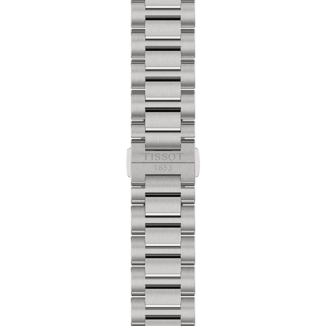 A stainless steel bracelet for the Tissot PRC 100 Solar Quartz 39mm Watch features a brushed finish, polished center links, and "TISSOT 1853" engraved on the clasp—ideal for enhancing your Tissot solar-powered timepiece.
