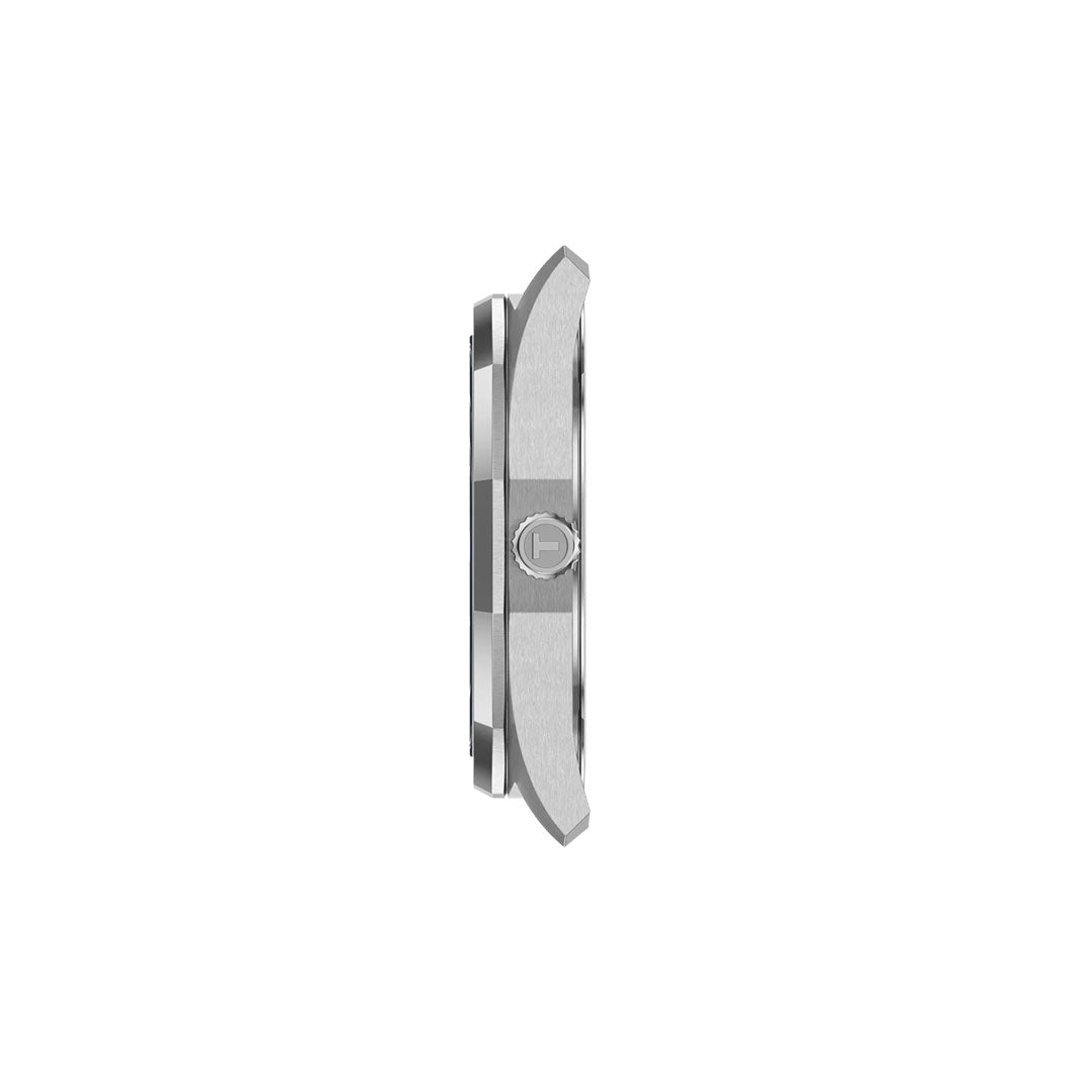 Side view of a silver Tissot PRC 100 Solar Quartz 39mm watch case with a round, logo-engraved crown, set against a plain white background.