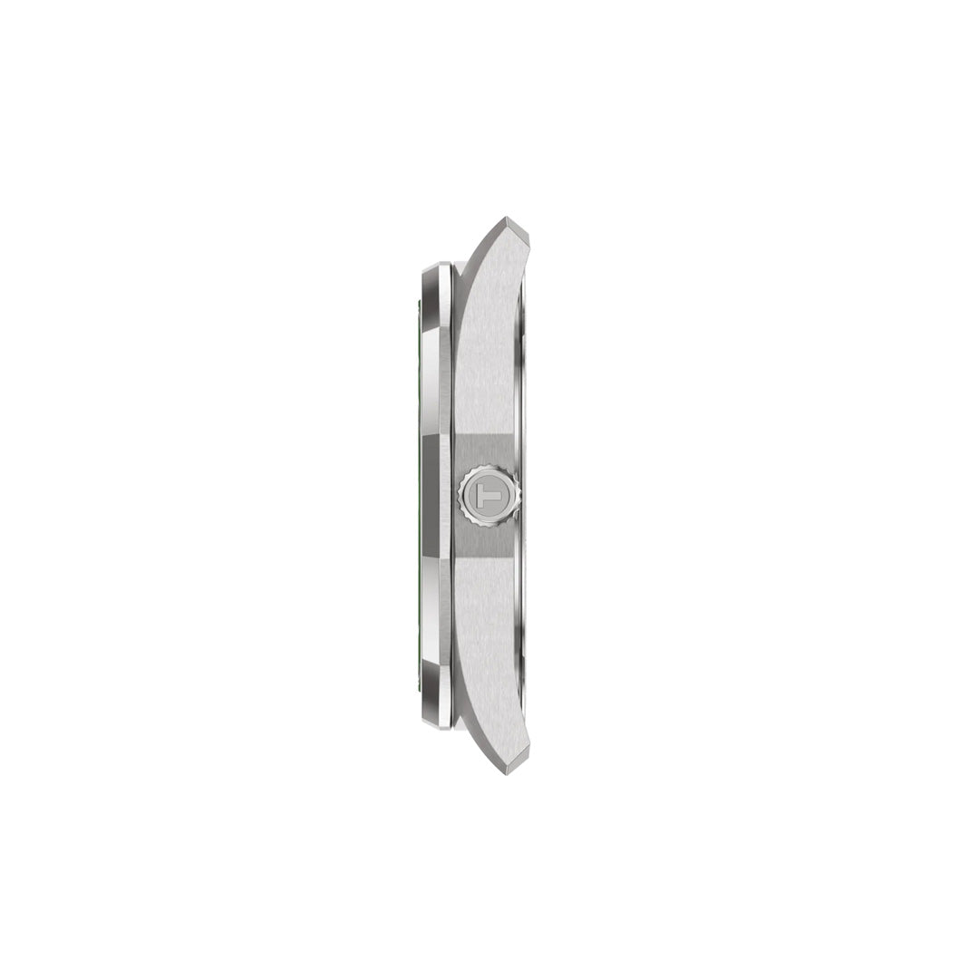 Side view of the silver Tissot PRC 100 Solar Quartz 39mm Watch with a round crown and brushed metal finish, highlighting its minimalist design. This sophisticated solar-powered timepiece by Tissot is displayed against a plain white background.