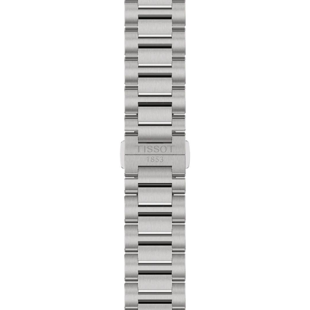 A stainless steel bracelet with brushed and polished finish, featuring a "TISSOT 1853" clasp, designed for the Tissot PRC 100 Solar Quartz 39mm Watch.