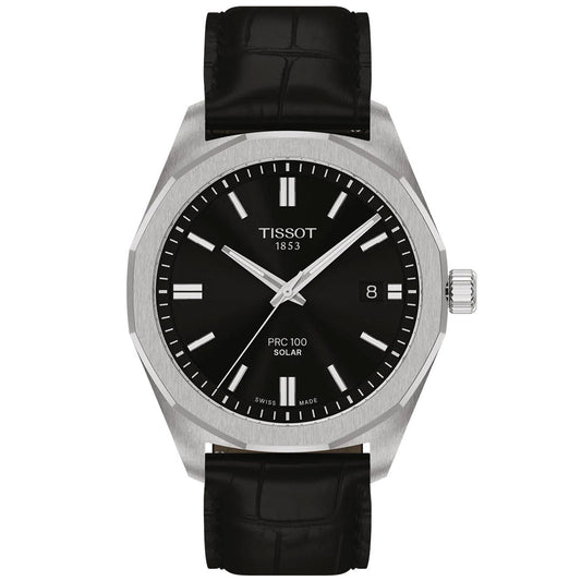 The Tissot PRC 100 Solar Quartz 39mm Watch features a black leather strap, silver case, black dial with silver hour markers, date at 3 o'clock, and "Tissot 1853" branding on the face.