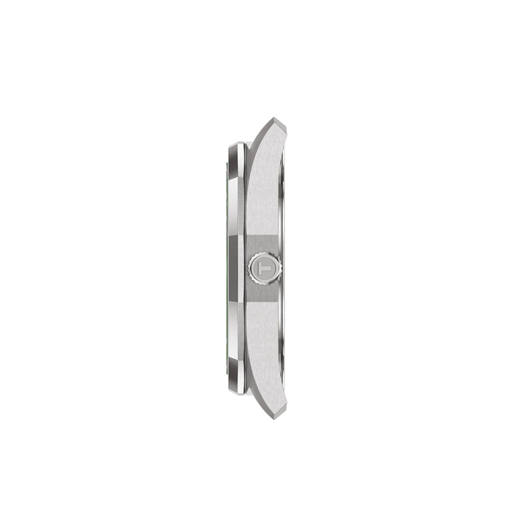 Side view of the Tissot PRC 100 Solar Quartz 39mm Watch in silver on a white background, showcasing its crown and slim profile.