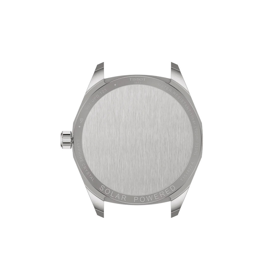 Rear view of the Tissot PRC 100 Solar Quartz 39mm Watch shows its brushed stainless steel case, engraved "SOLAR POWERED" text, and visible crown—watch band and face are not visible, emphasizing its solar-powered design.
