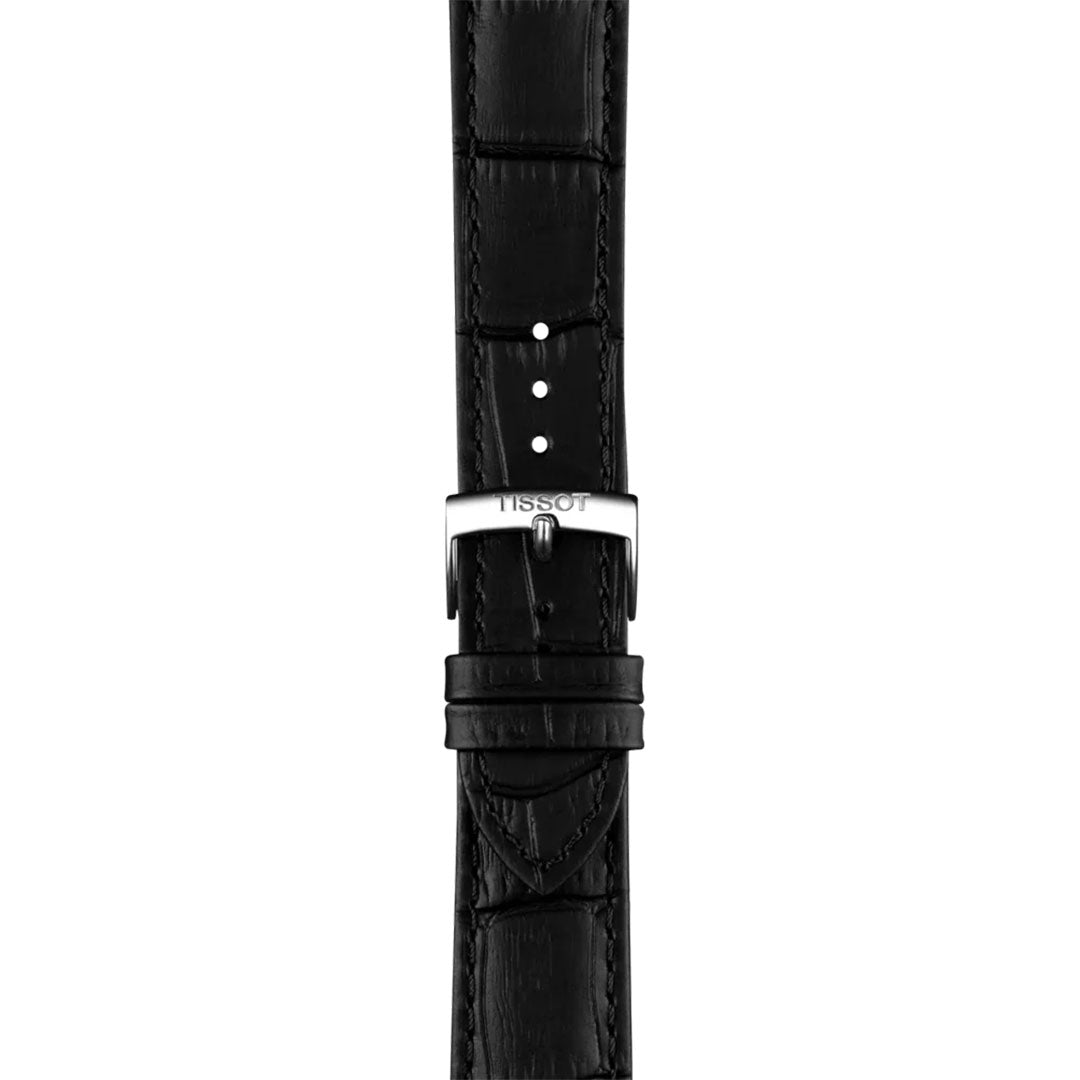 Black leather strap for the Tissot PRC 100 Solar Quartz 39mm Watch by Tissot, with visible stitching, alligator-style texture, a silver engraved buckle, and adjustment holes—perfect for your solar-powered timepiece.
