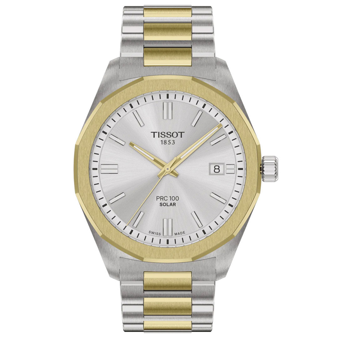 The Tissot PRC 100 Solar Quartz 39mm Watch features a silver face, date display, gold-tone and silver stainless steel band and bezel, stick hour markers, and a modern solar-powered design.