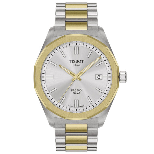The Tissot PRC 100 Solar Quartz 39mm Watch features a silver face, date display, gold-tone and silver stainless steel band and bezel, stick hour markers, and a modern solar-powered design.