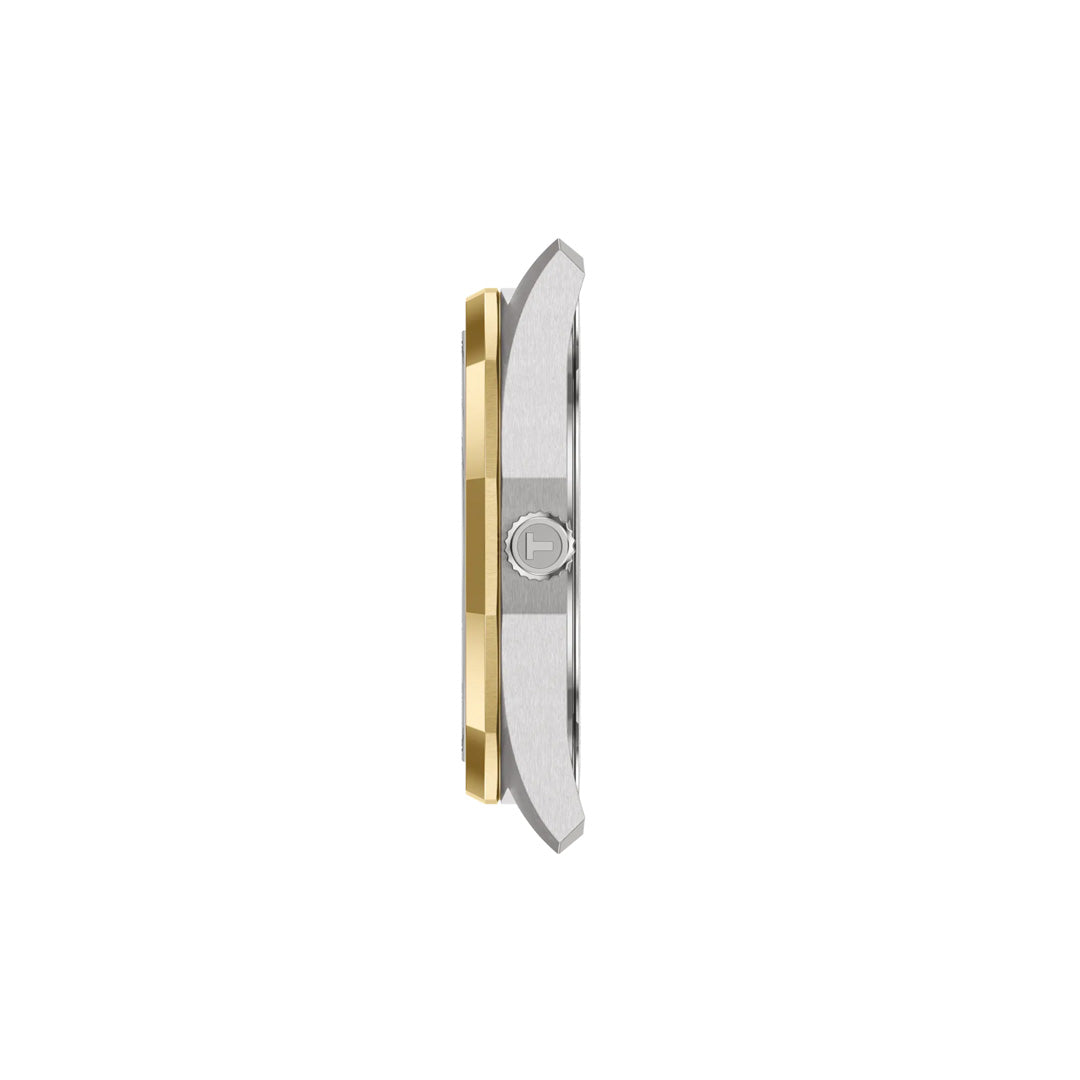 Side view of the Tissot PRC 100 Solar Quartz 39mm Watch by Tissot, featuring a silver and gold-tone case with a crown and sleek, minimalist profile set against a plain white background.