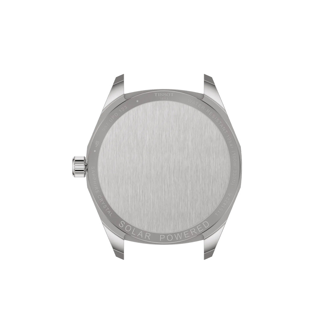 The back of the Tissot PRC 100 Solar Quartz 39mm Watch features a brushed metal center, visible crown, and engraved "SOLAR POWERED" text along the edge, emphasizing this solar-powered timepiece by Tissot.