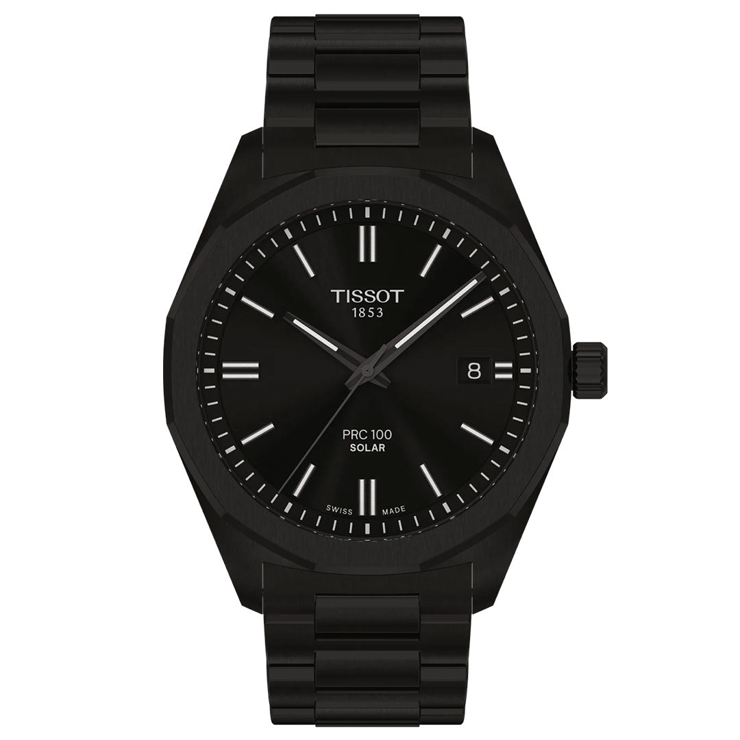The Tissot PRC 100 Solar Quartz 39mm Watch features a black metal band, black dial with white hour markers, date at 3 o’clock, and the Tissot 1853 logo on its solar-powered face.