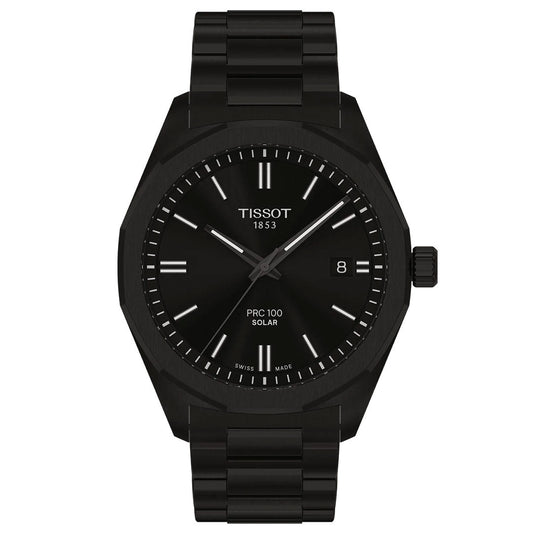 The Tissot PRC 100 Solar Quartz 39mm Watch features a black metal band, black dial with white hour markers, date at 3 o’clock, and the Tissot 1853 logo on its solar-powered face.