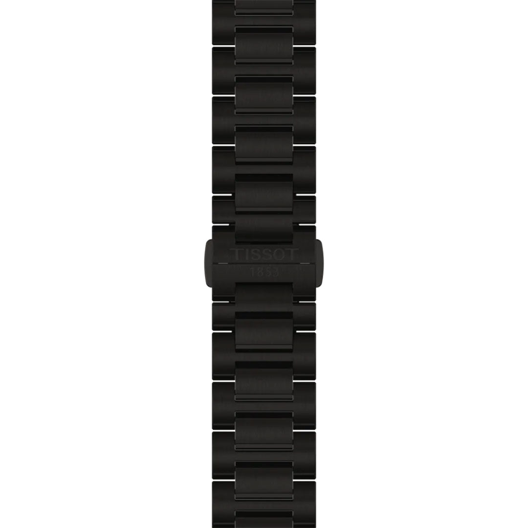 A matte black metal bracelet for the Tissot PRC 100 Solar Quartz 39mm Watch, viewed from above. The center clasp is engraved with "TISSOT 1853," and the rectangular links are neatly aligned, underscoring this solar-powered watch’s elegance.