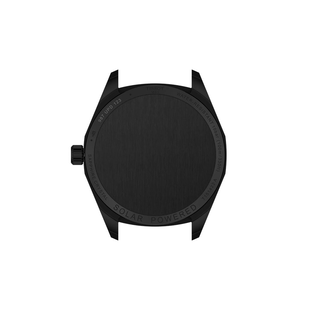The image shows the back of a Tissot PRC 100 Solar Quartz 39mm Watch—with a matte black case and engraved details like "solar powered" and water resistance. The band and face are not visible, but the advanced features are suggested.