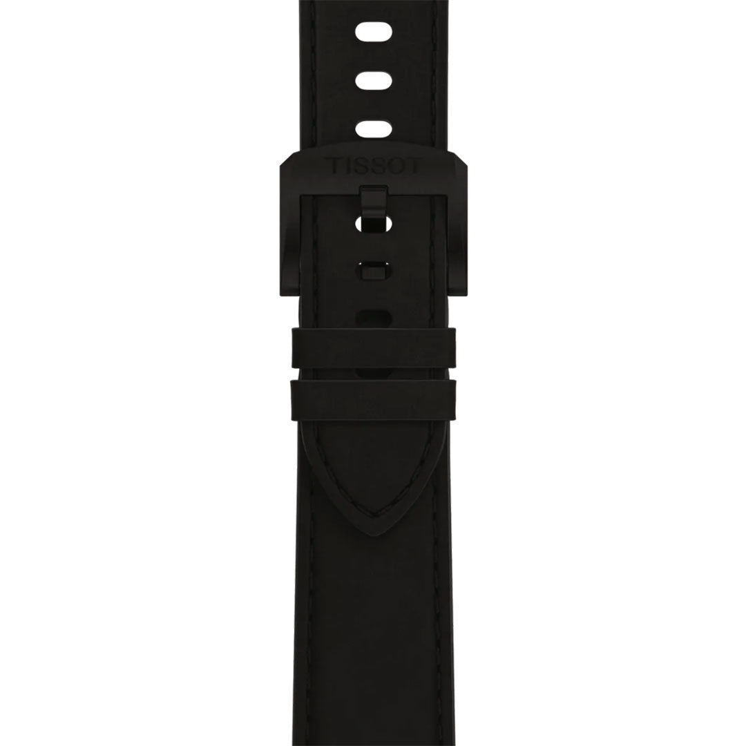 Close-up of a black Tissot rubber strap—made for the Tissot PRC 100 Solar Quartz 39mm Watch—with a matte buckle and multiple adjustment holes, highlighting the section where the strap loops through the buckle.