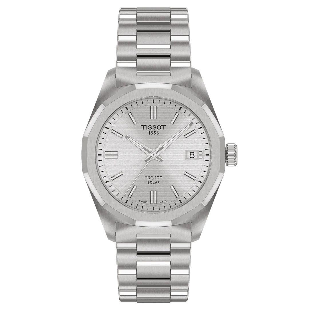 The Tissot PRC 100 Solar Quartz 34mm Watch features a silver stainless steel band, minimalist silver dial, solar-powered movement, date display at 3 o'clock, and simple hour markers.