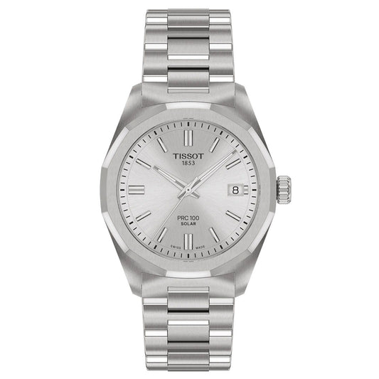 The Tissot PRC 100 Solar Quartz 34mm Watch features a silver stainless steel band, minimalist silver dial, solar-powered movement, date display at 3 o'clock, and simple hour markers.